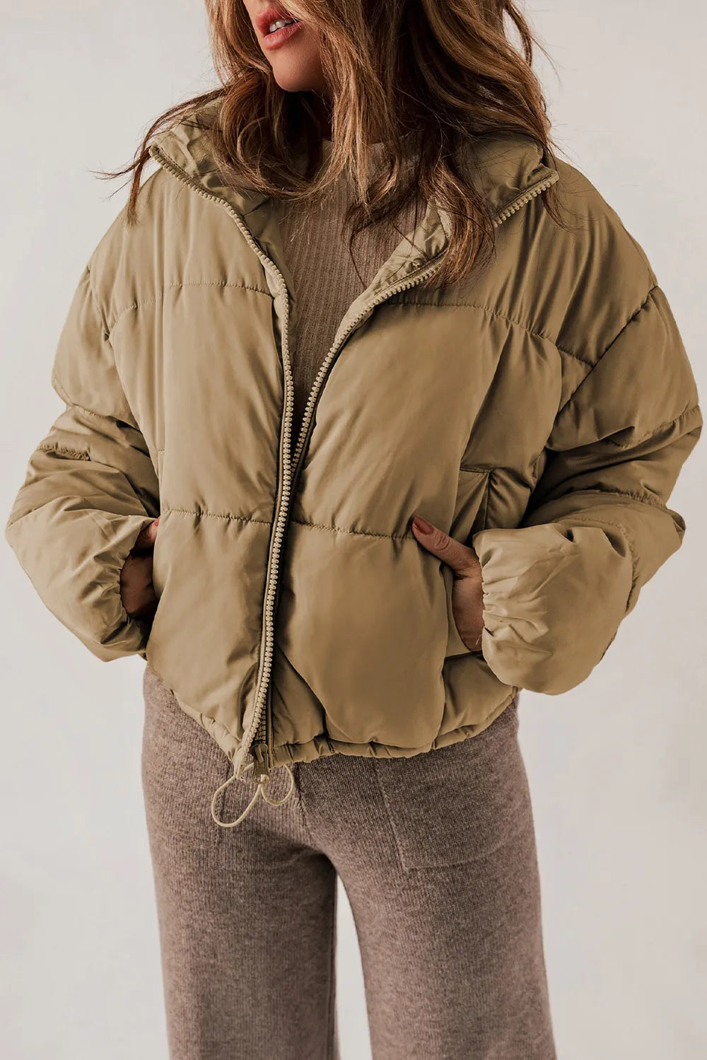 Zip Up Collared Neck Long Sleeve Winter Coat Taupe - Fashorio