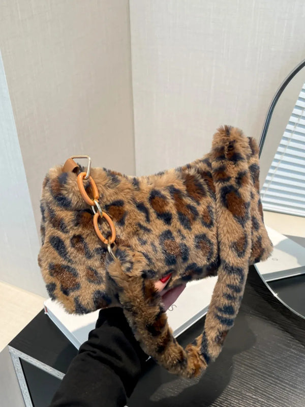 Leopard Fluff Shoulder Bag Caramel One Size - Fashorio