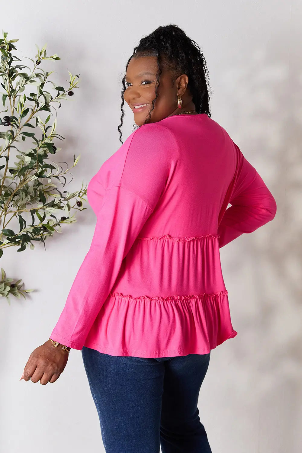Double Take Half Button Long Sleeve Ruffle Hem Blouse - Fashorio