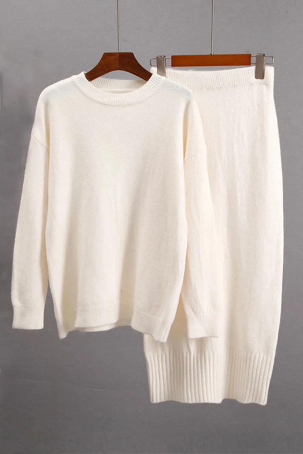 Round Neck Dropped Shoulder Top and Skirt Sweater Set - Fashorio