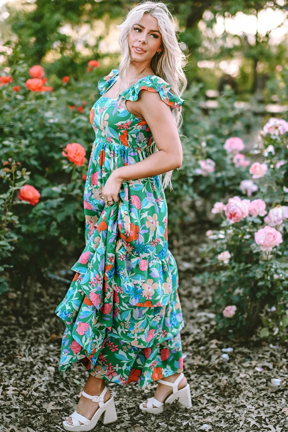 Tiered Ruffled Printed Sleeveless Dress - Fashorio
