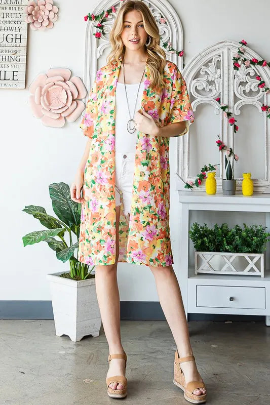 Heimish Full Size Half Sleeve Multi Color Floral Open Cardigan Plus Size - Fashorio