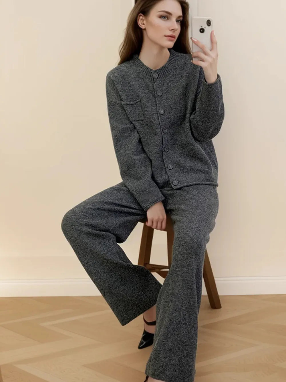 Pocketed Round Neck Button Up Cardigan and Pants Sweater Set Dark Gray One Size - Fashorio