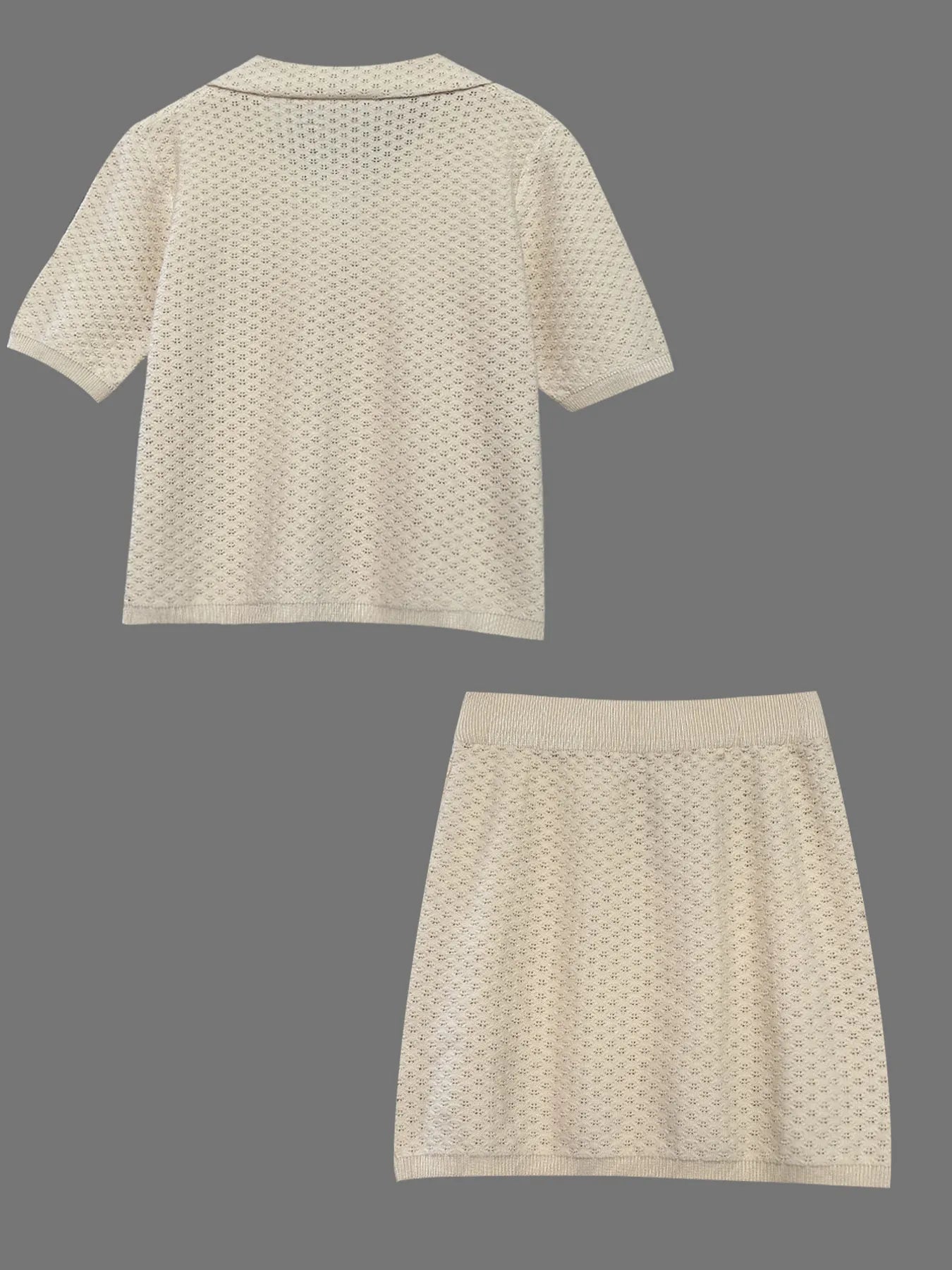 Openwork Button Up Top and Skirt Sweater Set - Fashorio