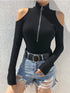 Zip Front Cold Shoulder Bodysuit - Fashorio