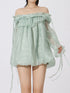 Ruffled Off-Shoulder Flounce Sleeve Blouse Light Green - Fashorio