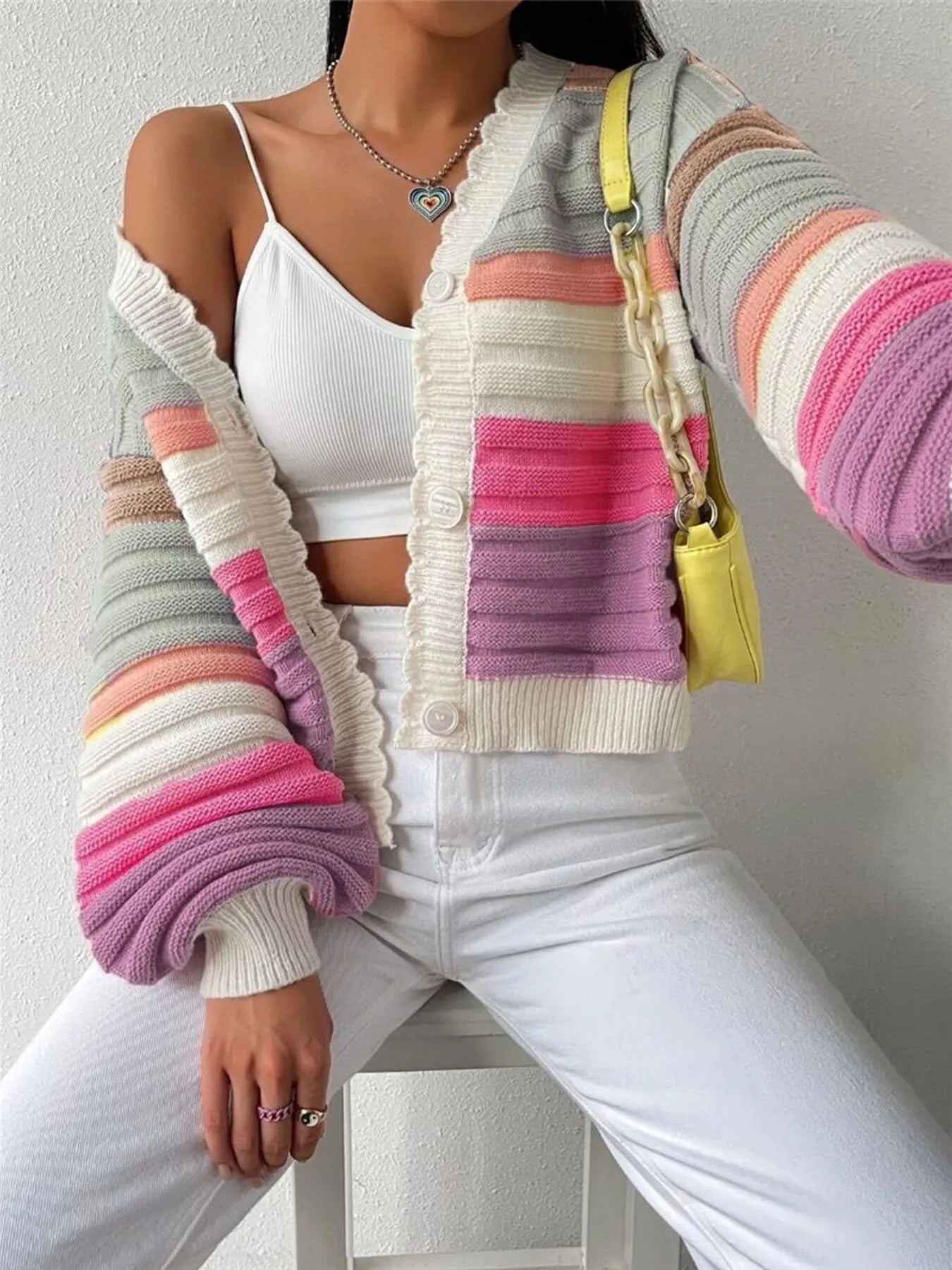 Rainbow Striped Cropped Cardigan with Balloon Sleeves - Fashorio