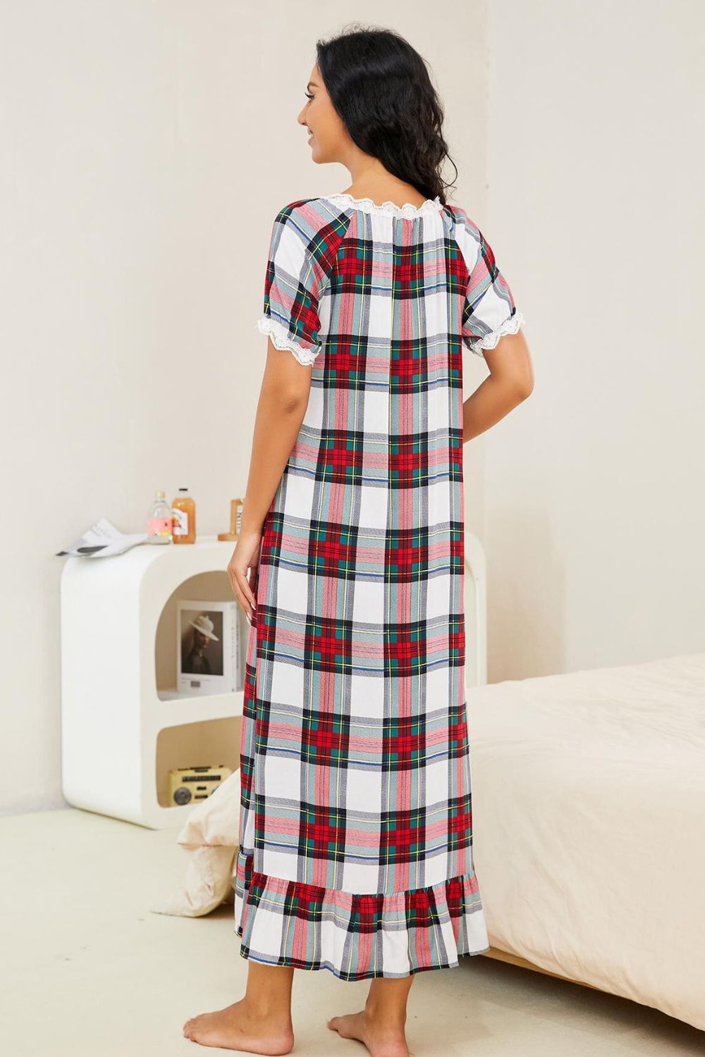 Plaid Lace Trim Ruffle Hem Night Dress - Fashorio