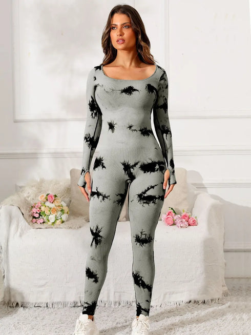 Scoop Neck Long Sleeve Active Jumpsuit - Fashorio
