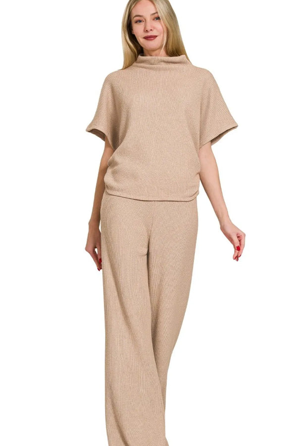 Zenana Sweater Mock Neck Top & Long Pants Set LT MOCHA - Fashorio