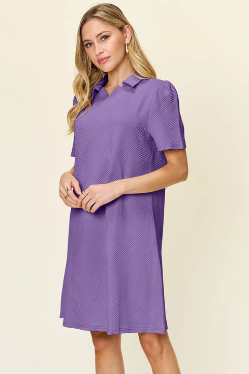 Double Take Full Size Texture Collared Neck Short Sleeve Dress - Fashorio