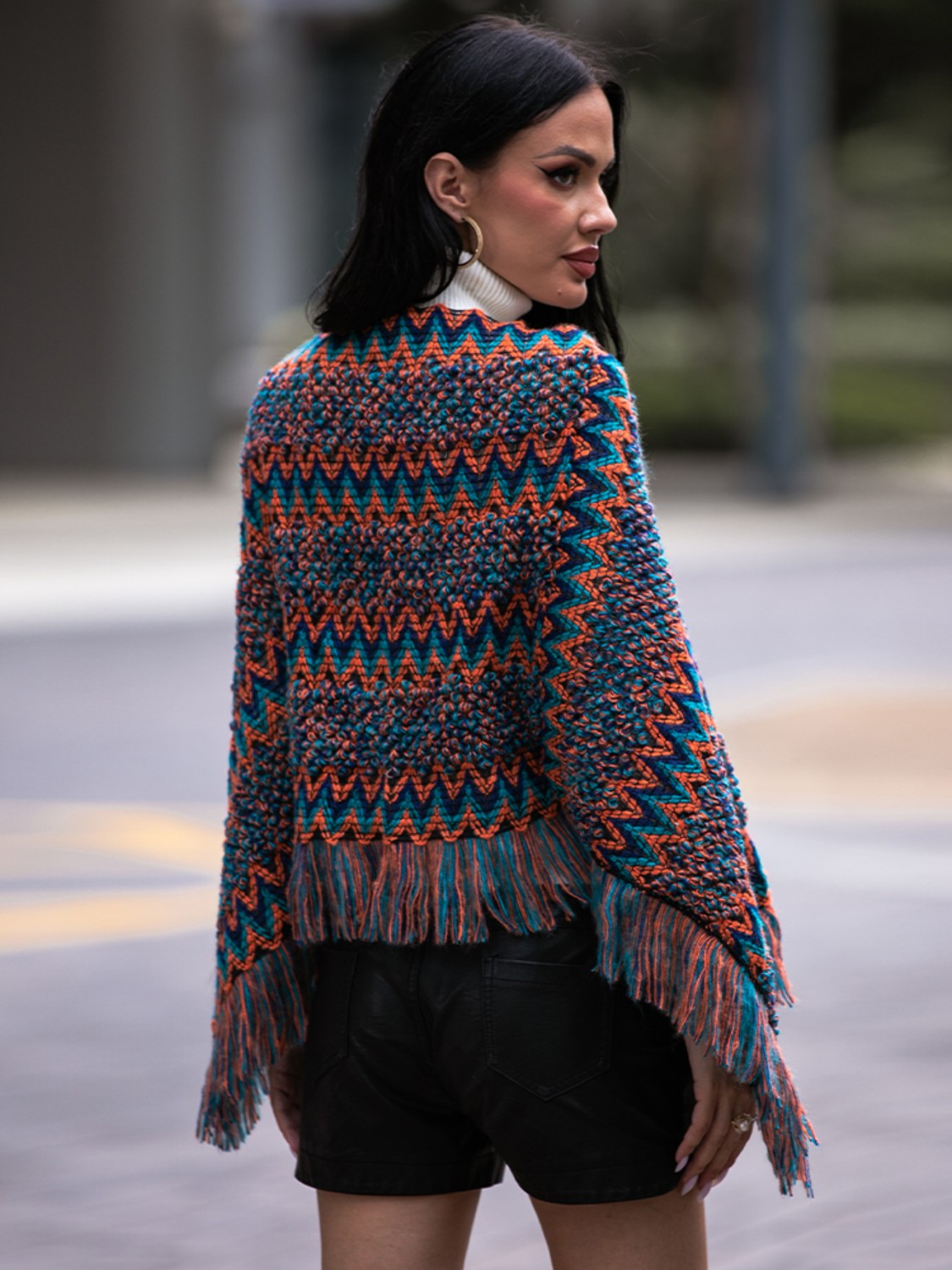 Shiny Fringe Hem Boat Neck Poncho - Fashorio
