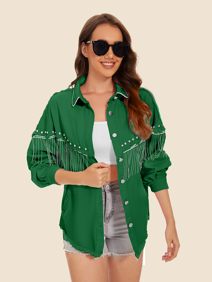 Raw Hem Fringe Detail Denim Jacket Dark Green - Fashorio