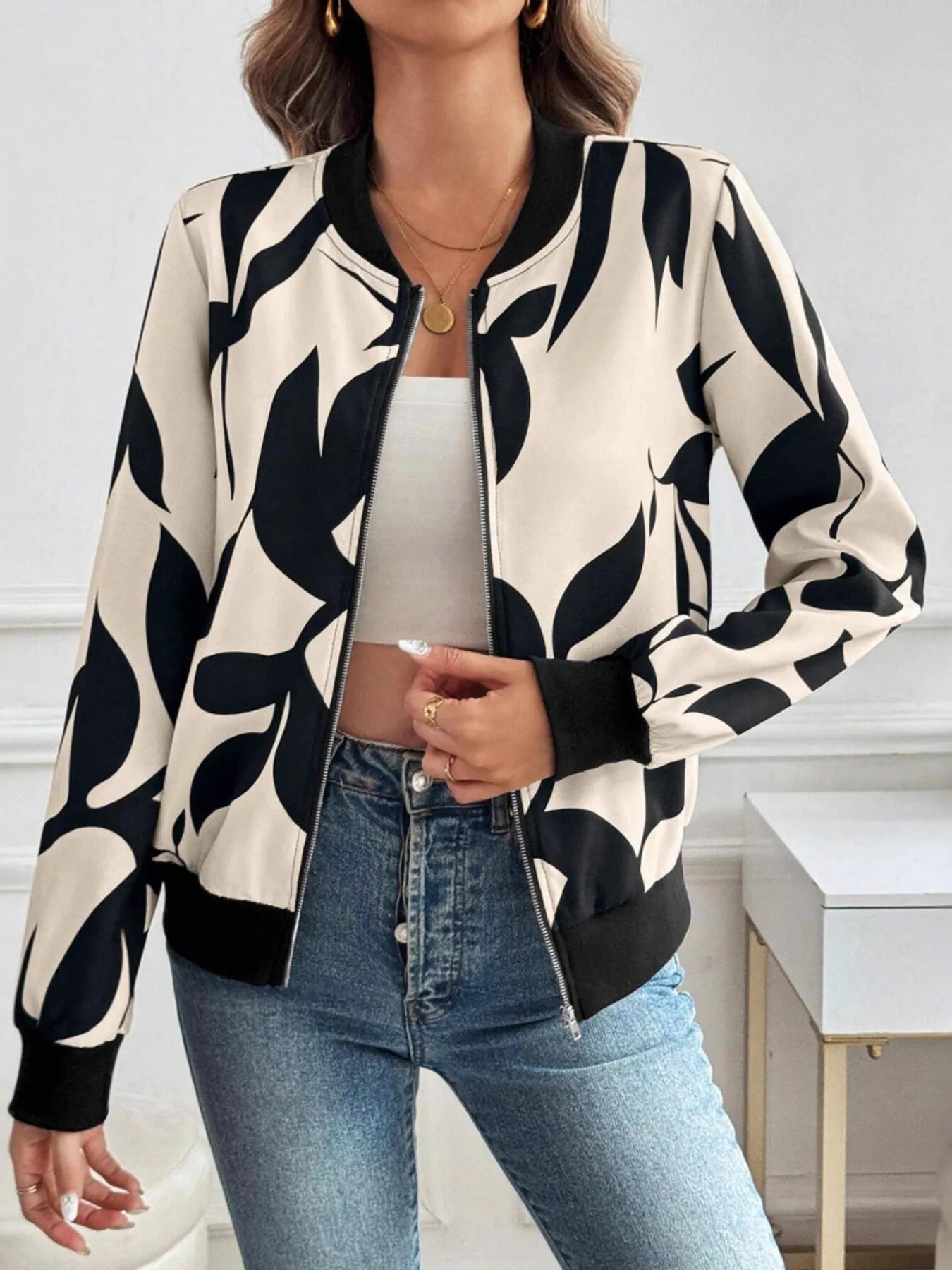 Women’s Printed Zip Up Long Sleeve Lightweight Jacket - Fashorio