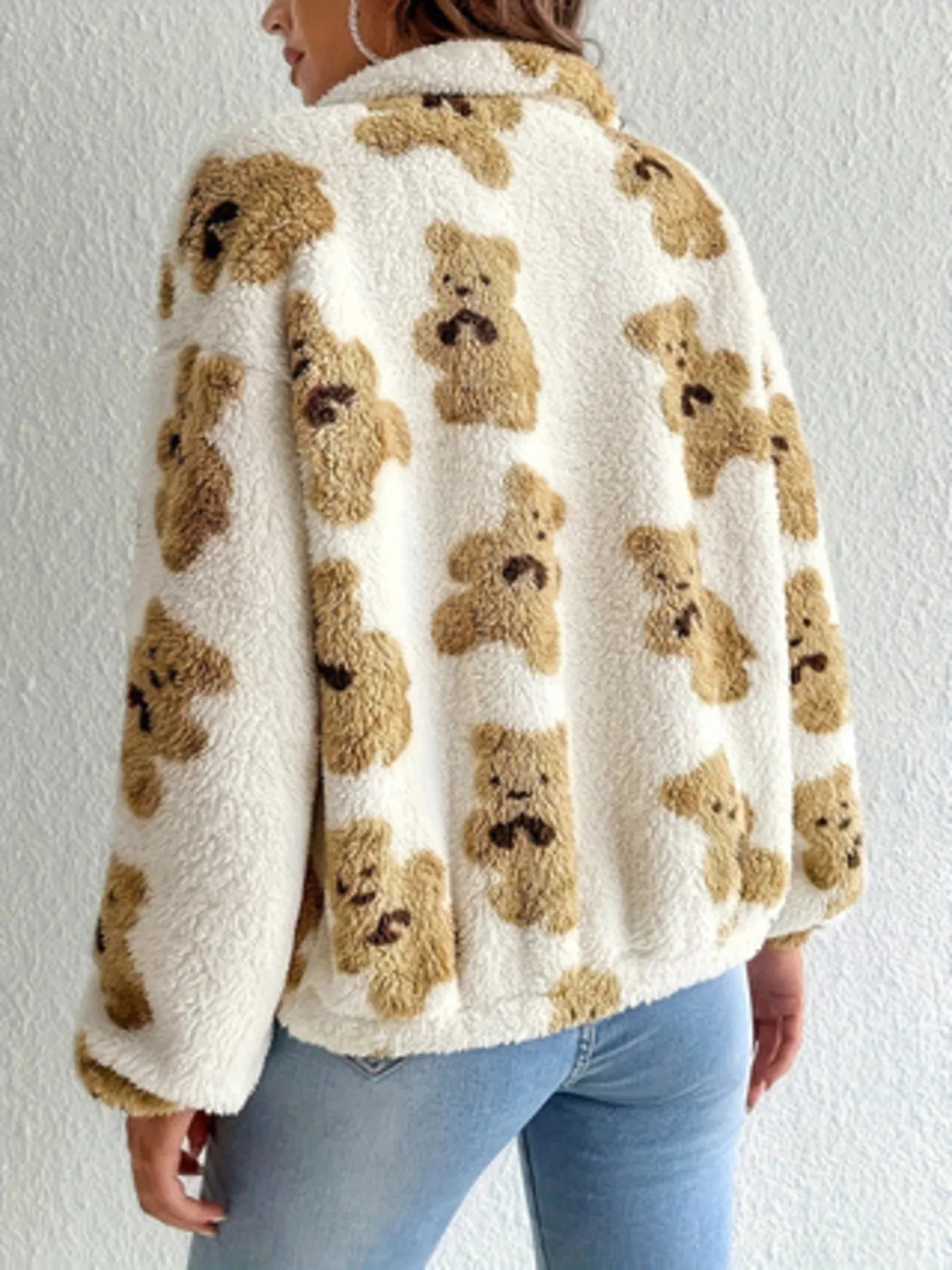Bear Print Fleece Zip Up Outerwear - Fashorio