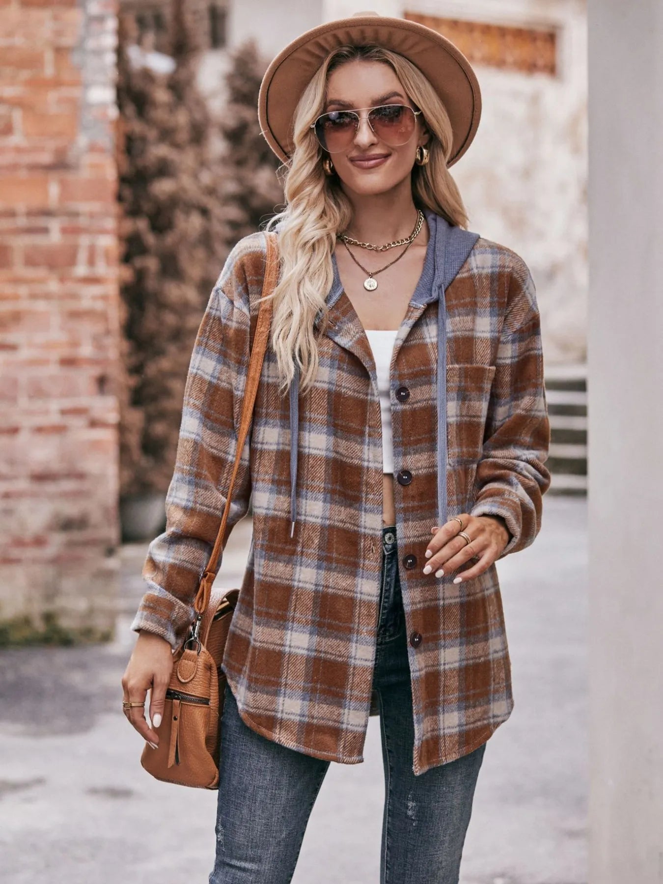 Oversized Plaid Button-Up Shacket – Lightweight Casual Layer Caramel - Fashorio