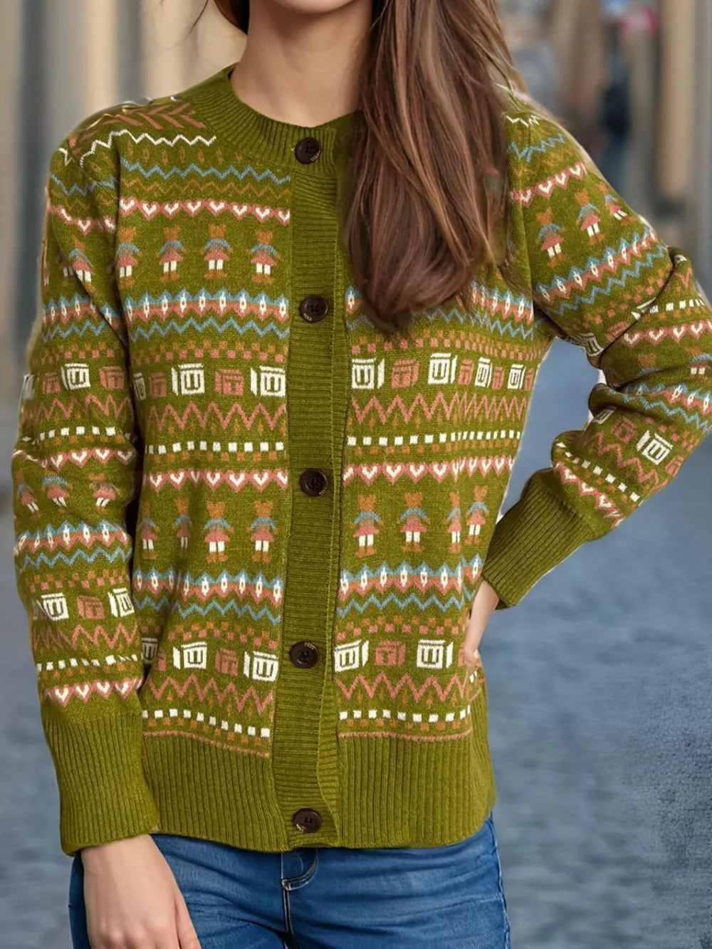 Graphic Button Down Long Sleeve Cardigan - Fashorio