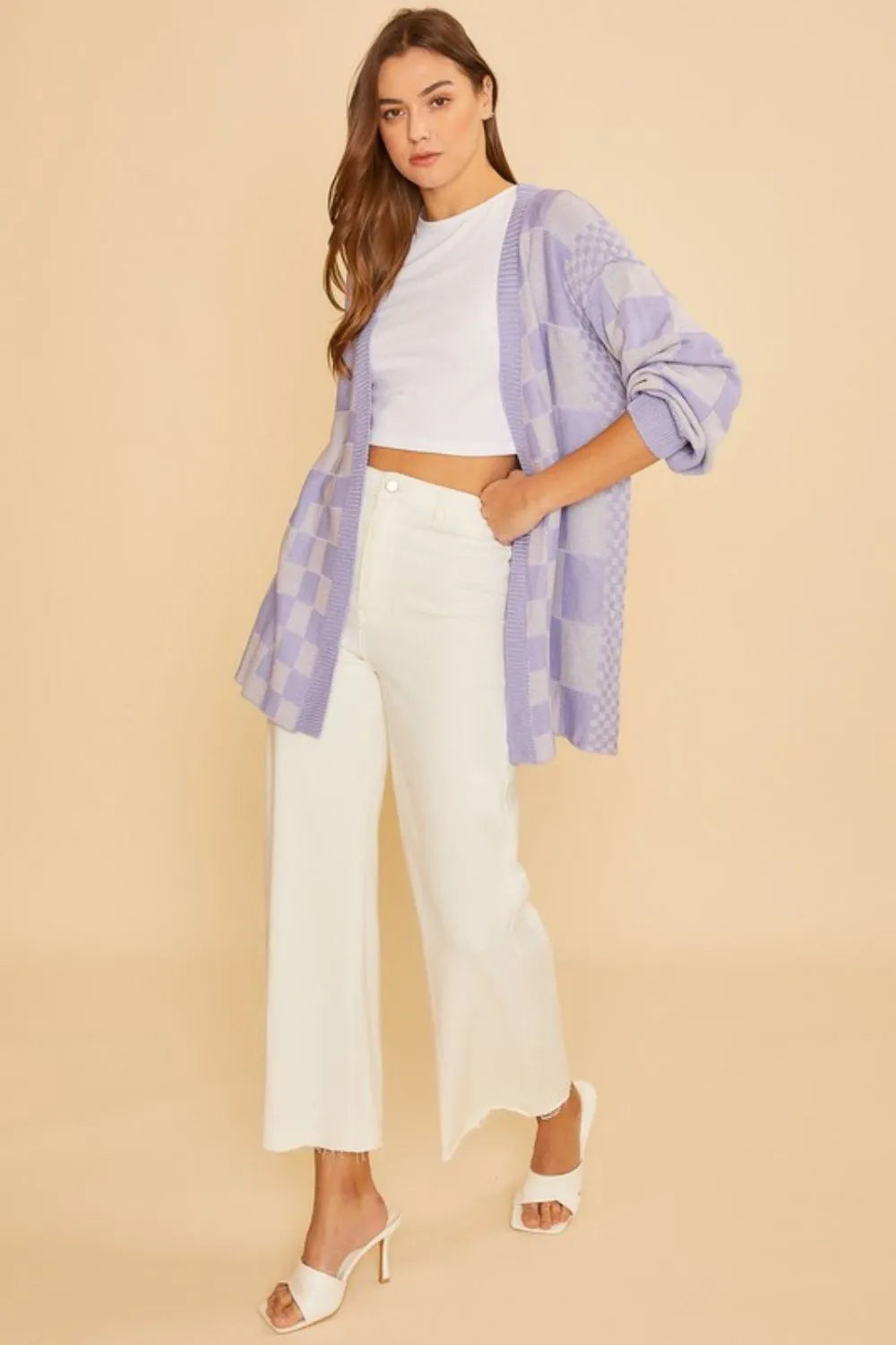 Annie Wear Checkered Open Front Drop Shoulder Cardigan - Fashorio