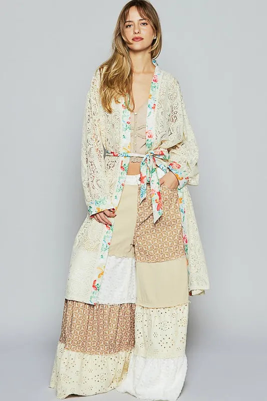 POL Floral Trim Lace Open Front Longline Cardigan - Fashorio