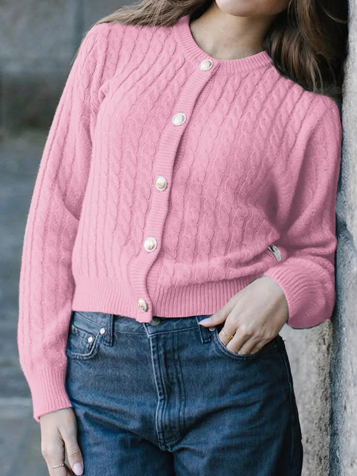Cable Knit Button-Up Cardigan - Fashorio