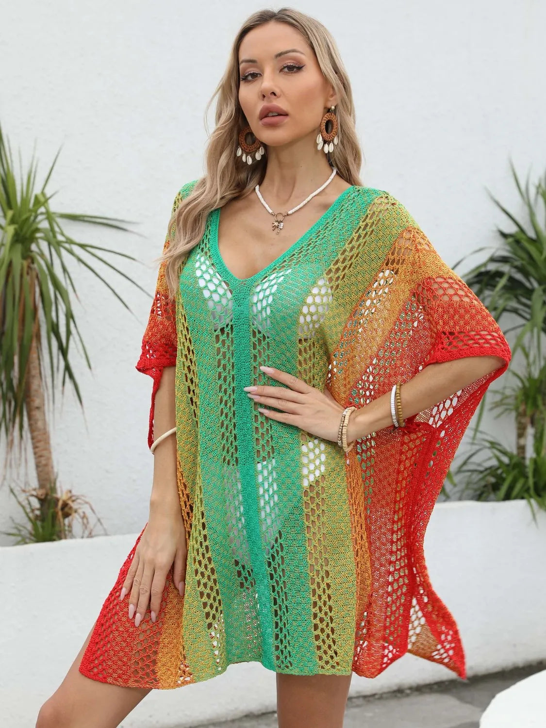 Rainbow Gradient Crochet Beach Cover Up - Fashorio