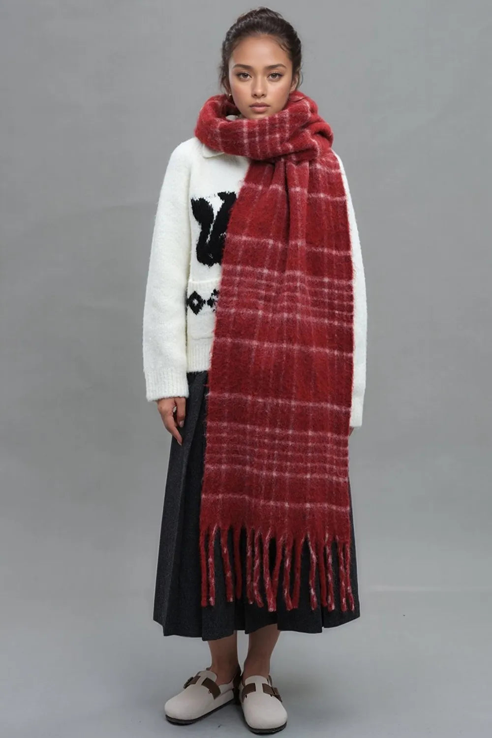 Fringe Plaid Thermal Scarf - Fashorio