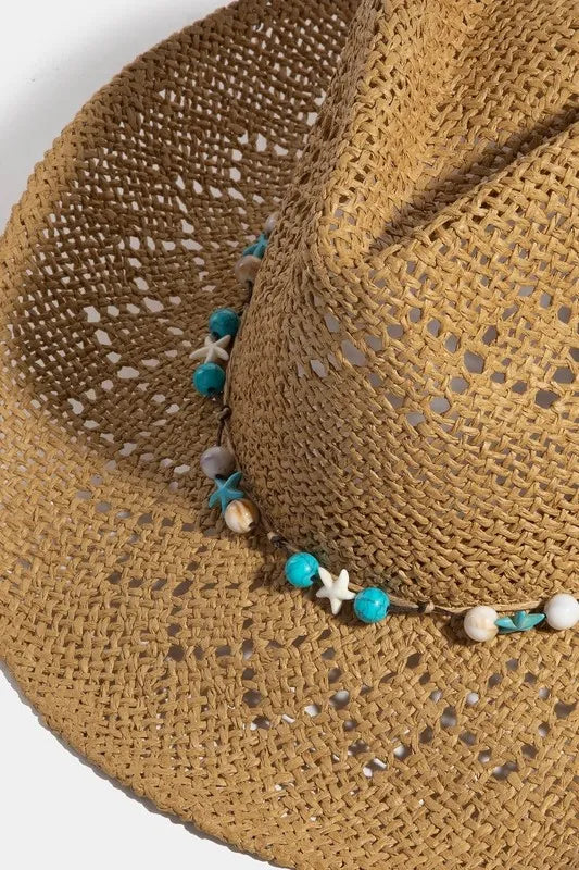 Fame Turquoise and Shell Star Beads Strap Western Straw Hat - Fashorio