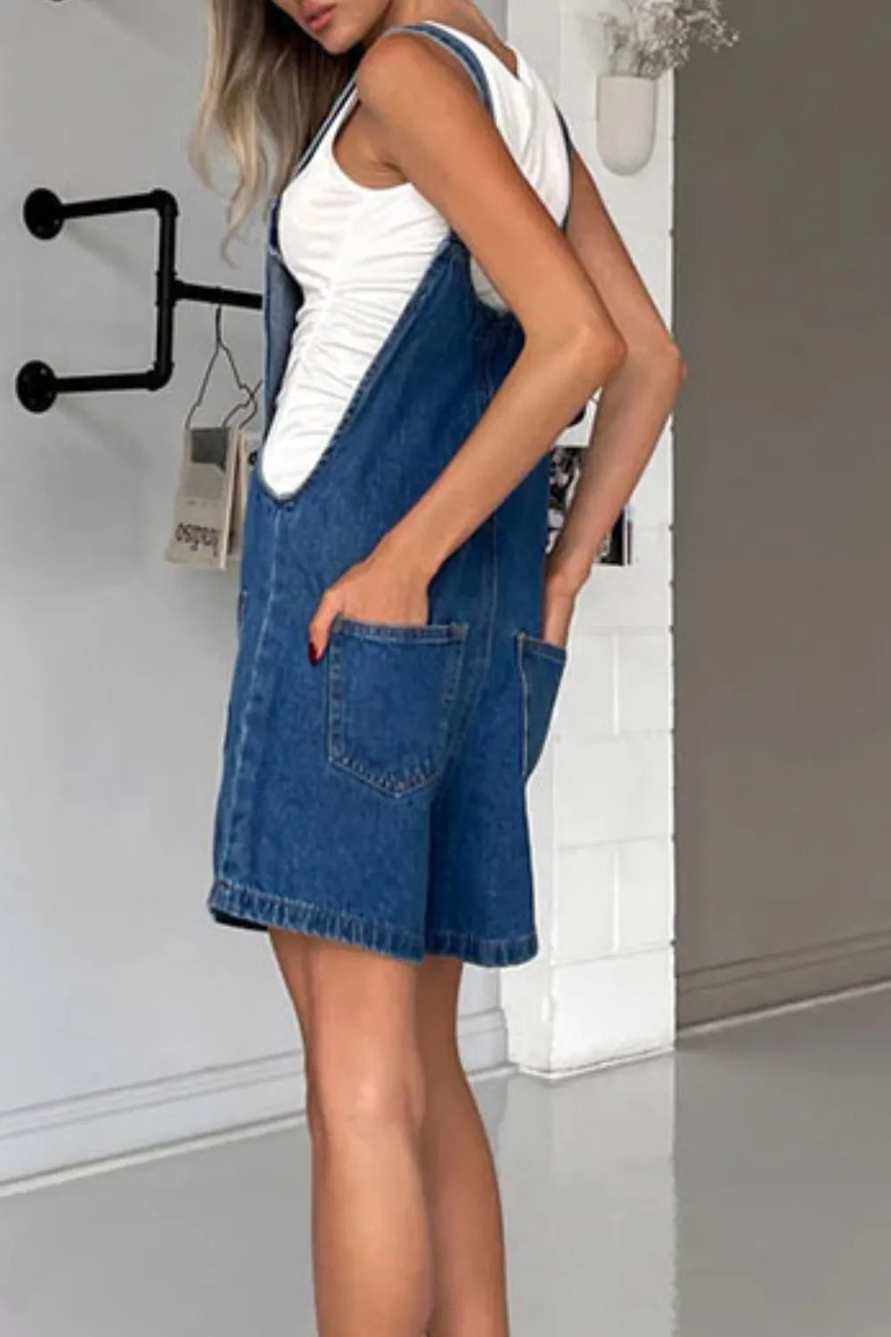 Button Front Denim Overall Shorts with Front Pockets - Fashorio