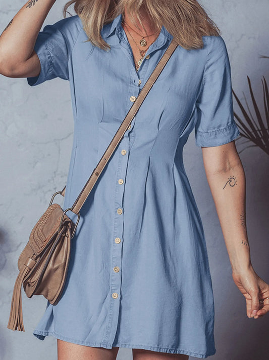 Denim Pleated Slim Waist Short Sleeve Shirt Dress Light Blue - Fashorio