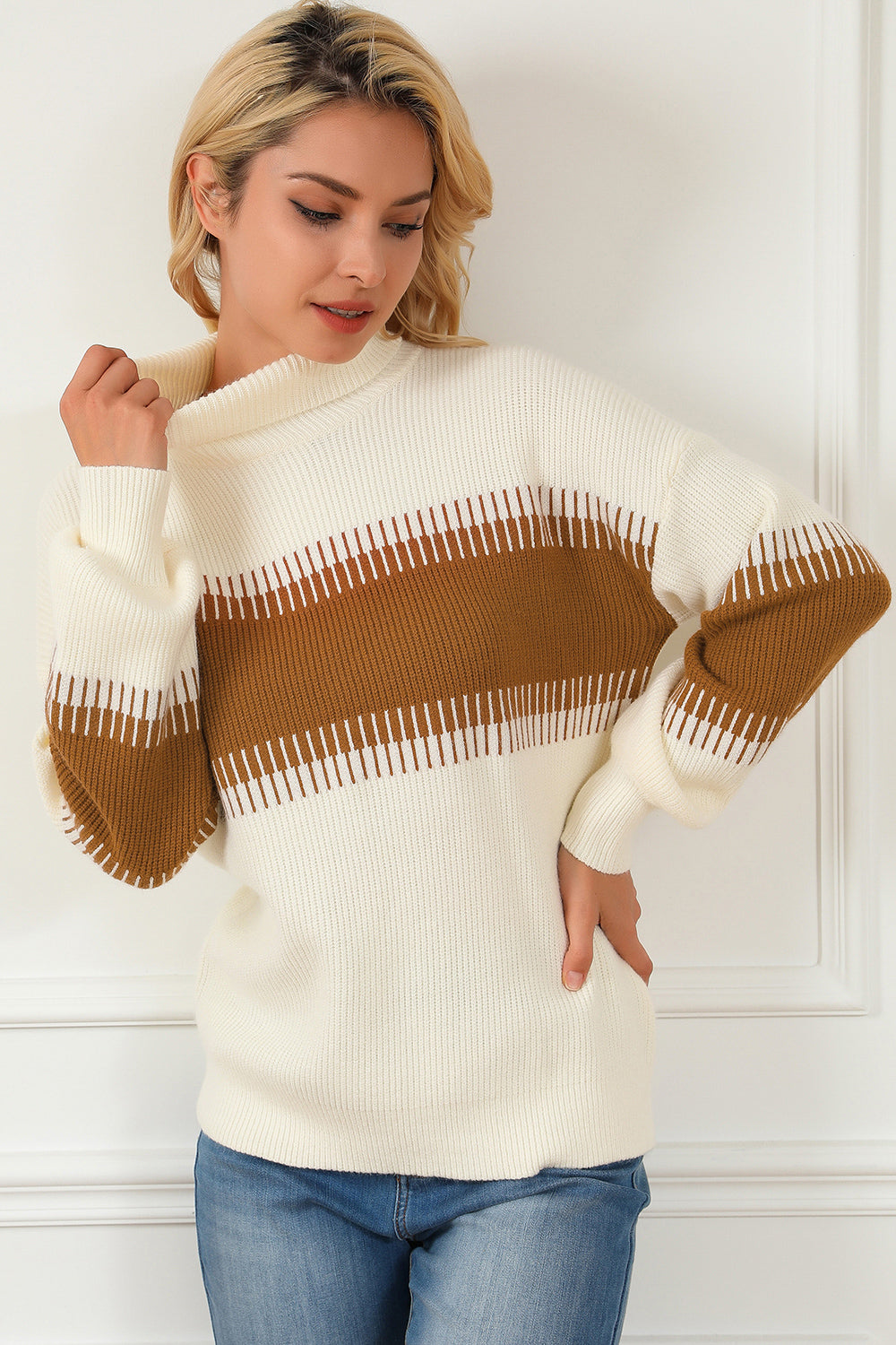 Contrast Turtleneck Long Sleeve Sweater - Fashorio