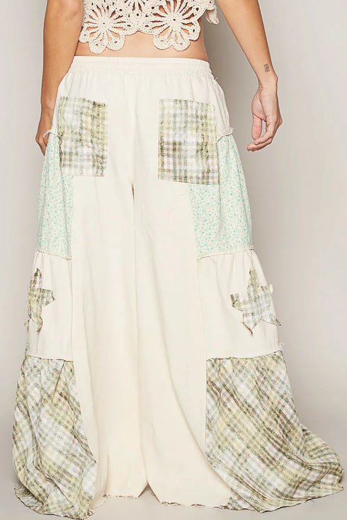 POL Drawstring Star Patch Contrast Wide Leg Pants - Fashorio