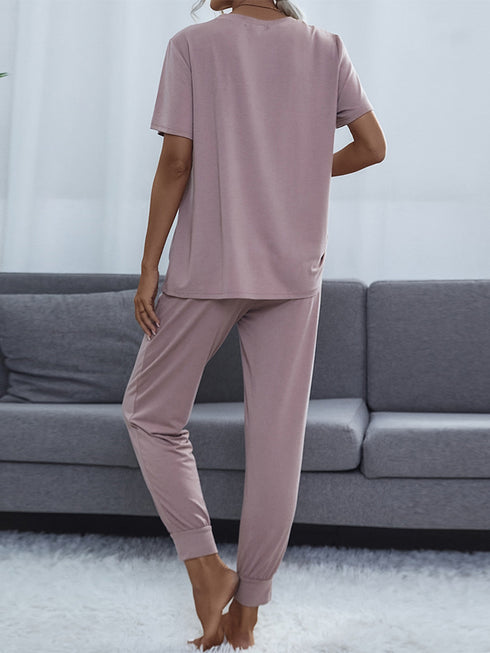 Shiny Round Neck Short Sleeve Top and Pants Set - Fashorio