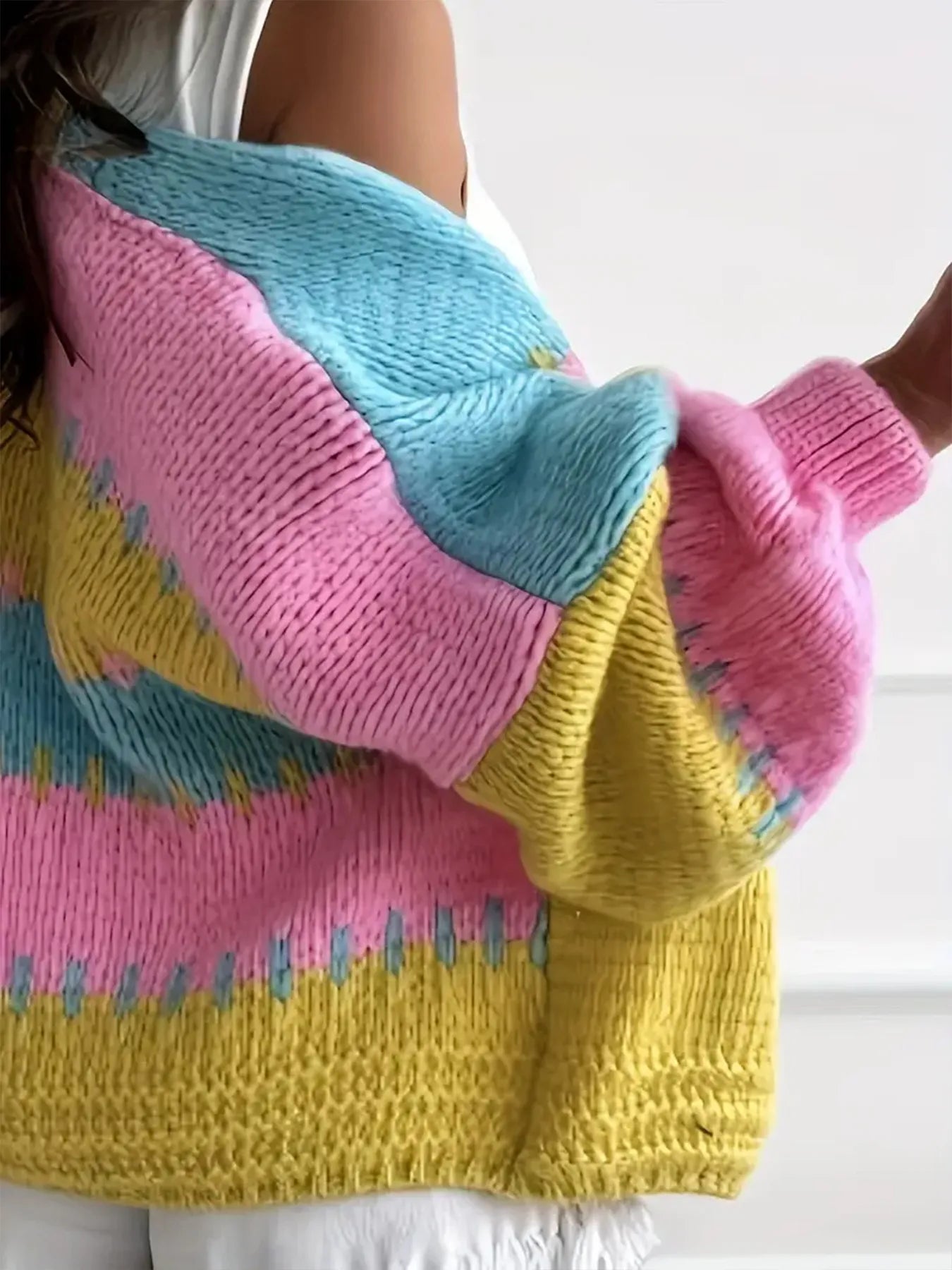 Color Block Drop Shoulder Cardigan - Fashorio