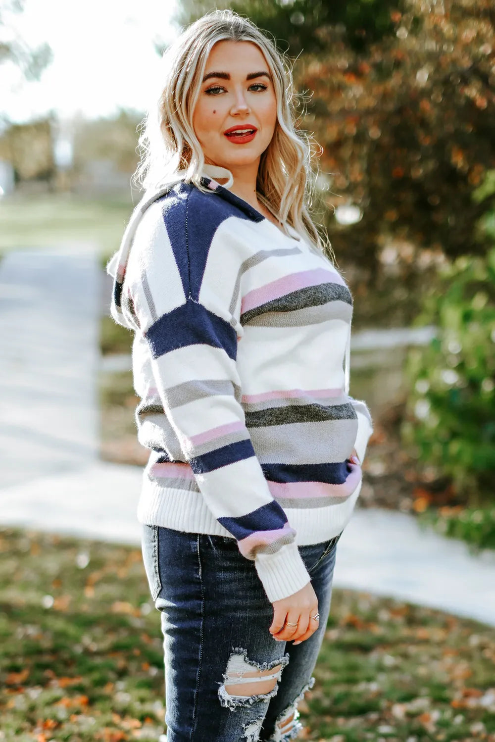 Plus Size Striped Long Sleeve Hooded Sweater - Fashorio