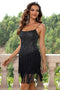 Spaghetti Strap Fringe Trim Dress Black - Fashorio