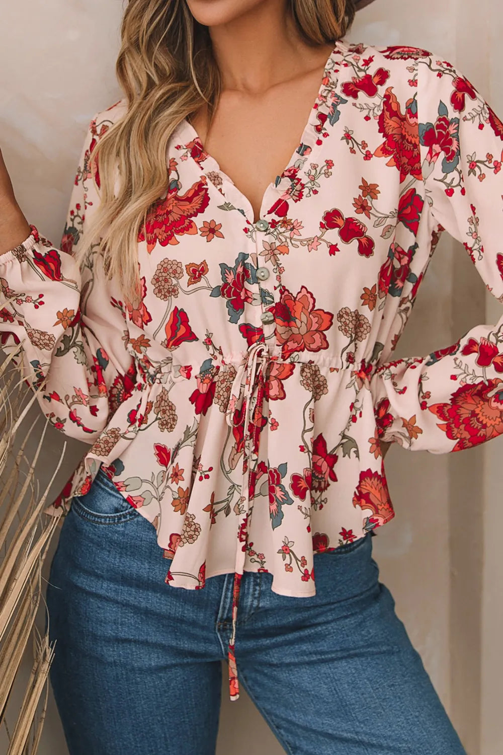 Floral V-Neck Drawstring Peplum Blouse - Fashorio