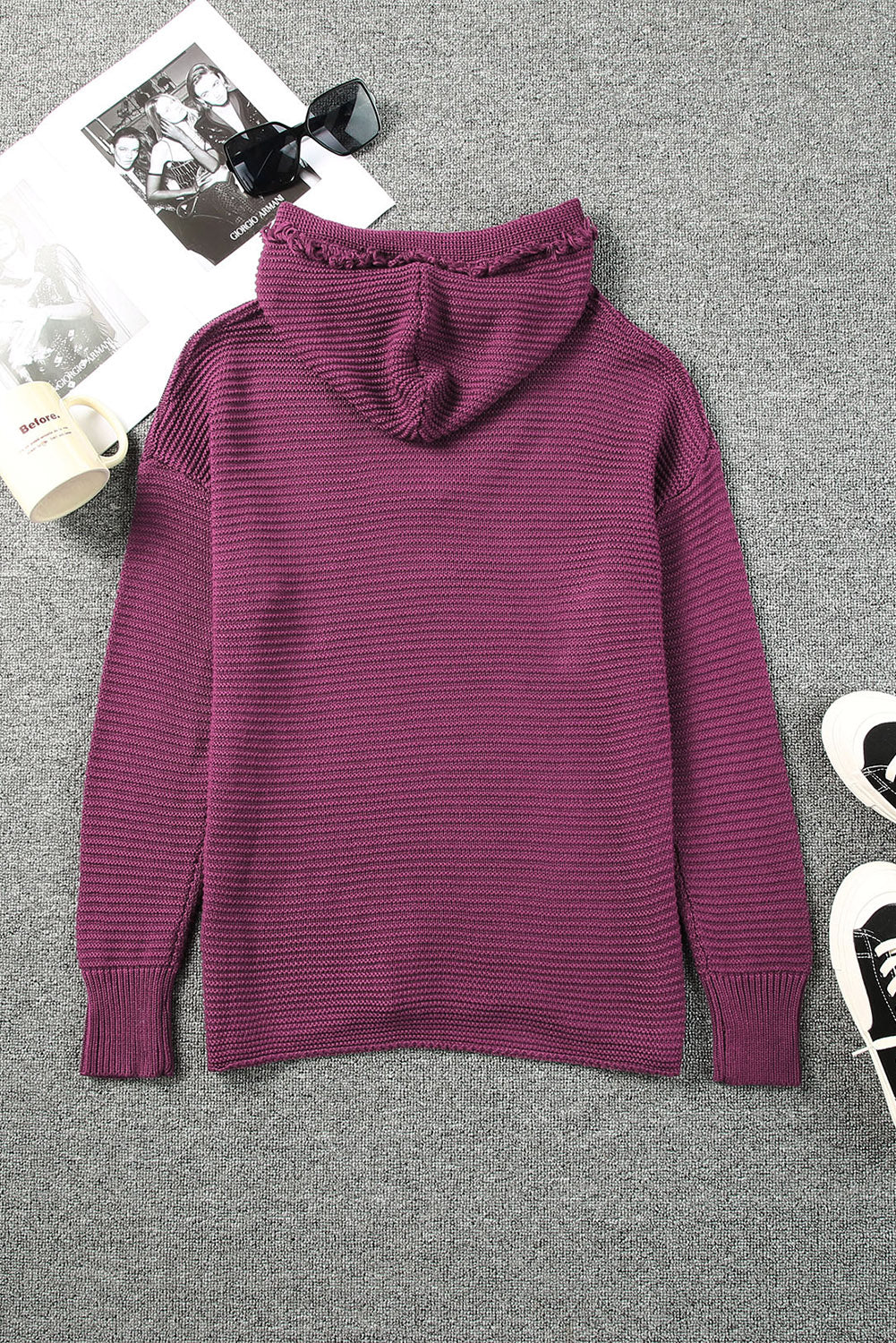 Woven Right Horizontal Ribbing Fringe Trim Hooded Sweater - Fashorio