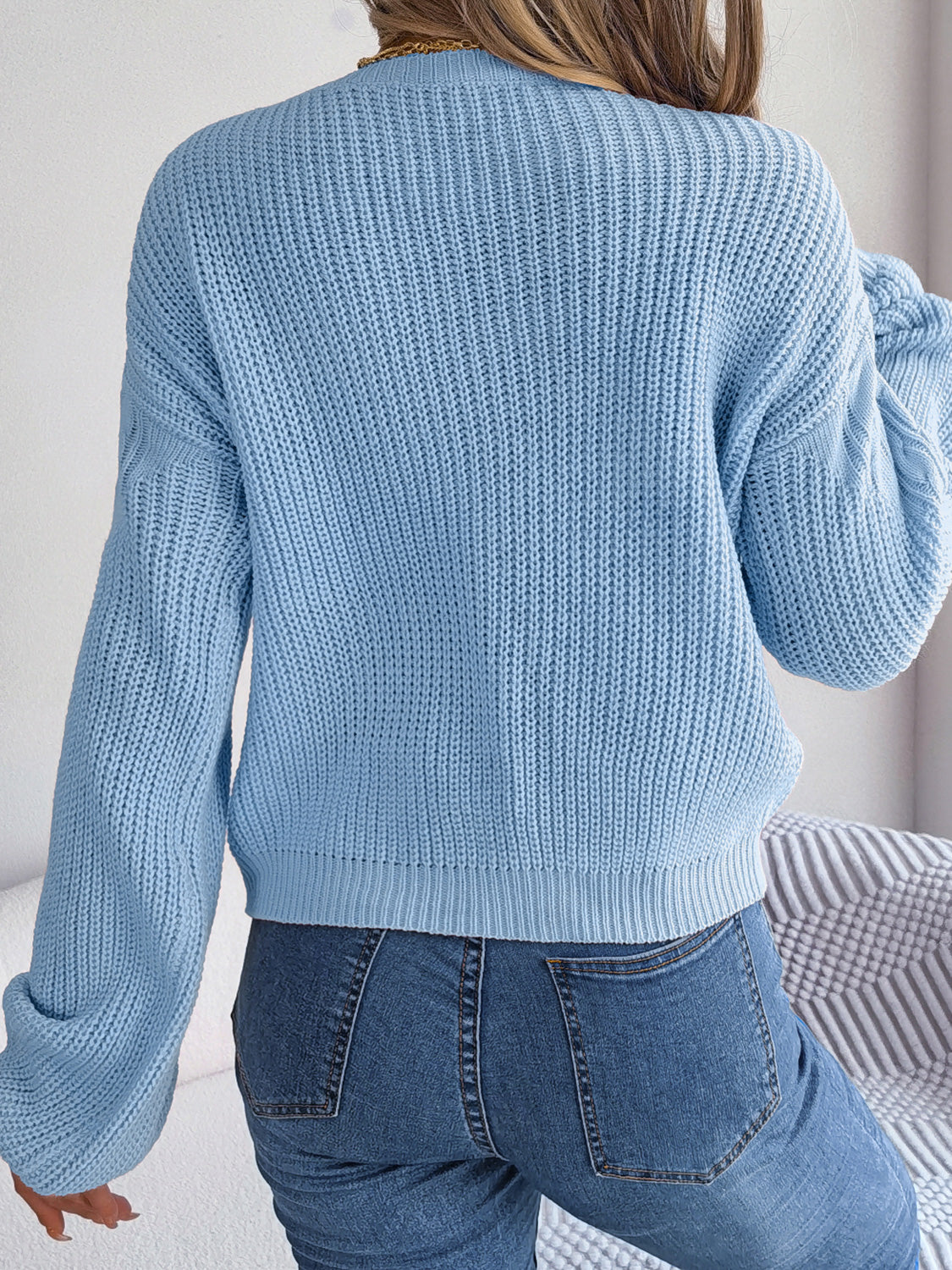 Cable-Knit Round Neck Drop Shoulder Sweater - Fashorio