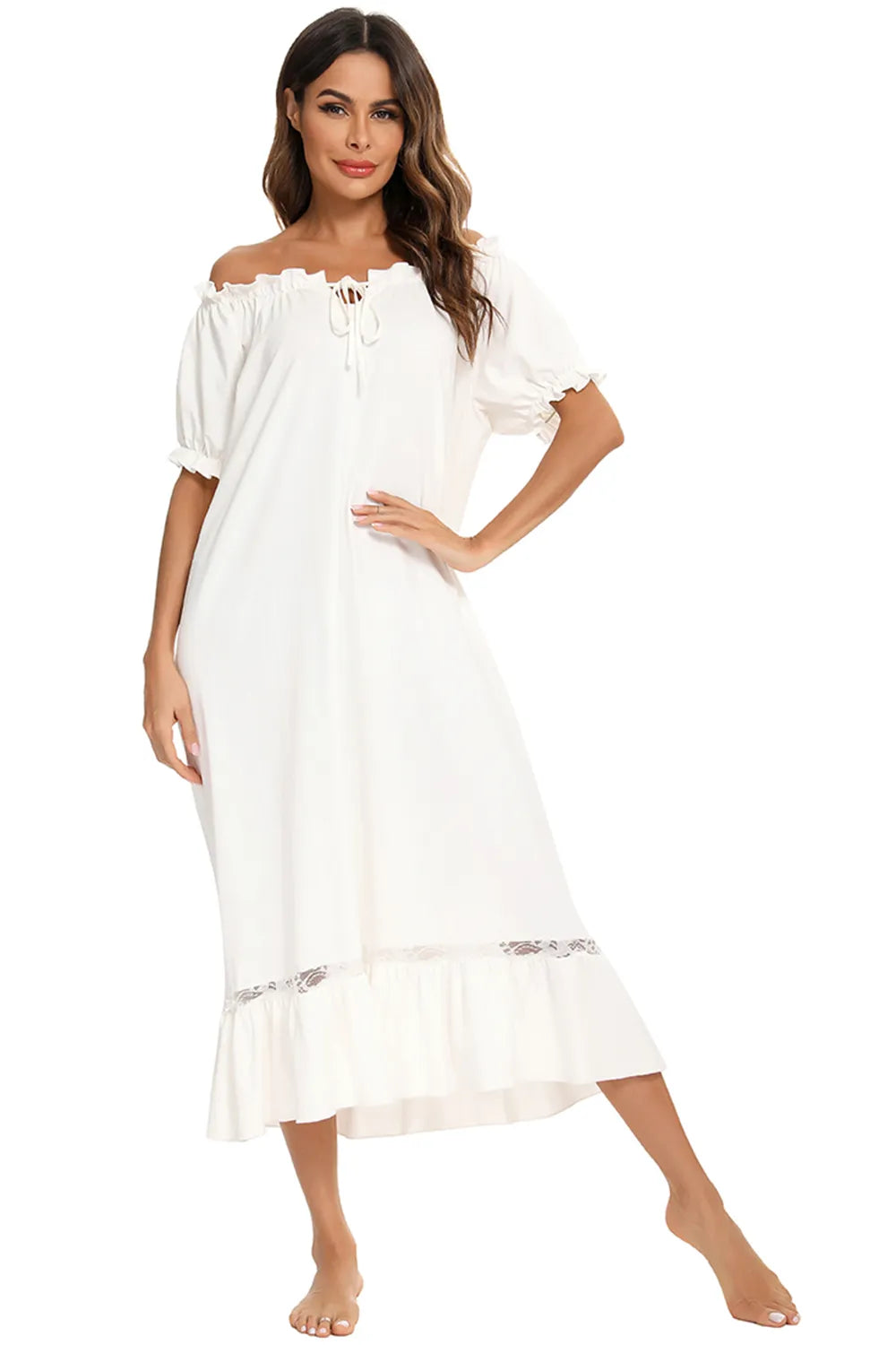 Lace Detail Short Sleeve Lounge Dress - Fashorio
