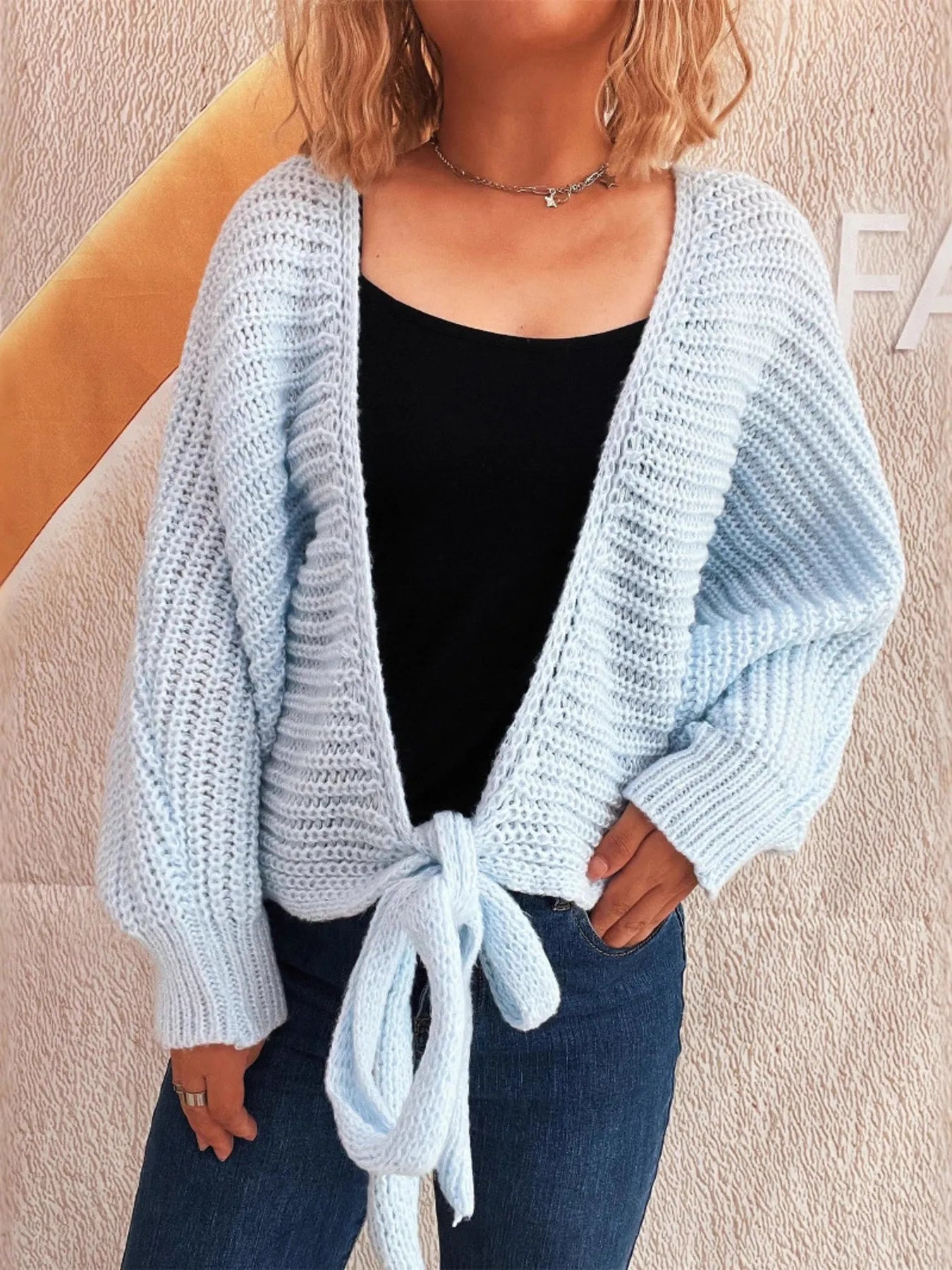 Tie Front Long Sleeve Cardigan - Fashorio
