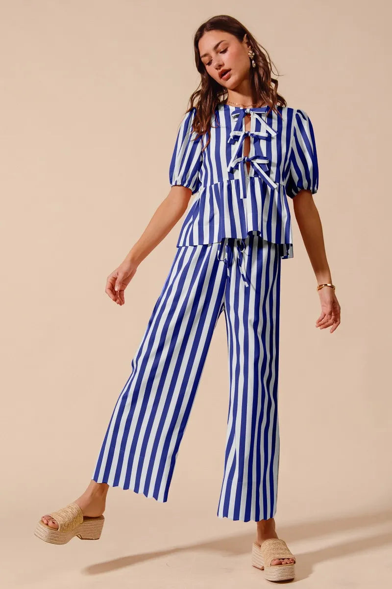 SO ME Front Tie Stripe Puff Sleeves Top and Wide Leg Pants Set ROYAL BLUE - Fashorio