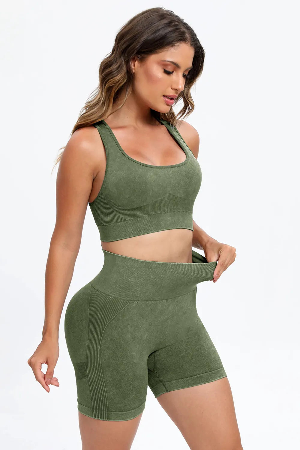 3 Piece Washed Square Neck Wide Strap Active Set - Fashorio