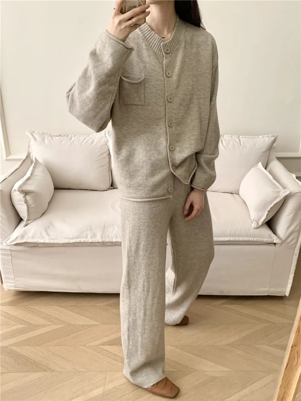 Pocketed Round Neck Button Up Cardigan and Pants Sweater Set - Fashorio