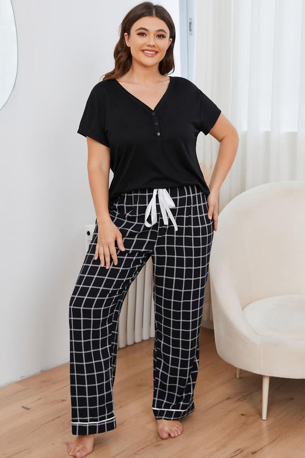 Plus Size V-Neck Top and Plaid Pants Lounge Set Black - Fashorio