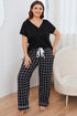 Plus Size V-Neck Top and Plaid Pants Lounge Set Black - Fashorio