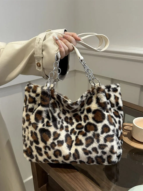 Faux Fur Leopard Shoulder Bag Beige One Size - Fashorio