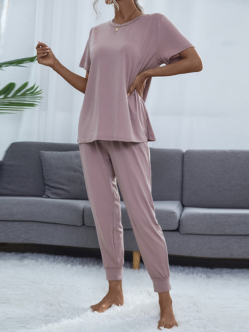 Shiny Round Neck Short Sleeve Top and Pants Set - Fashorio
