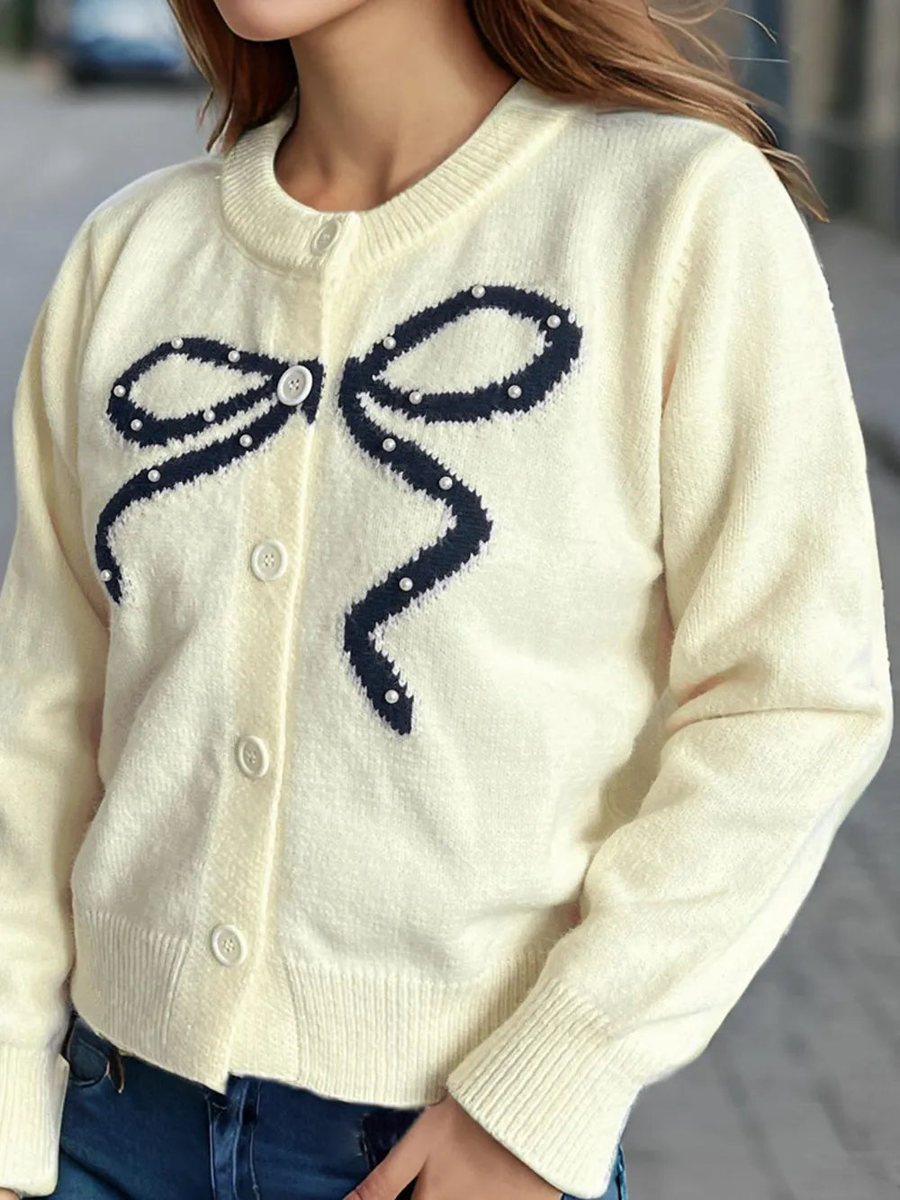 Bow Button Down Round Neck Cardigan - Fashorio