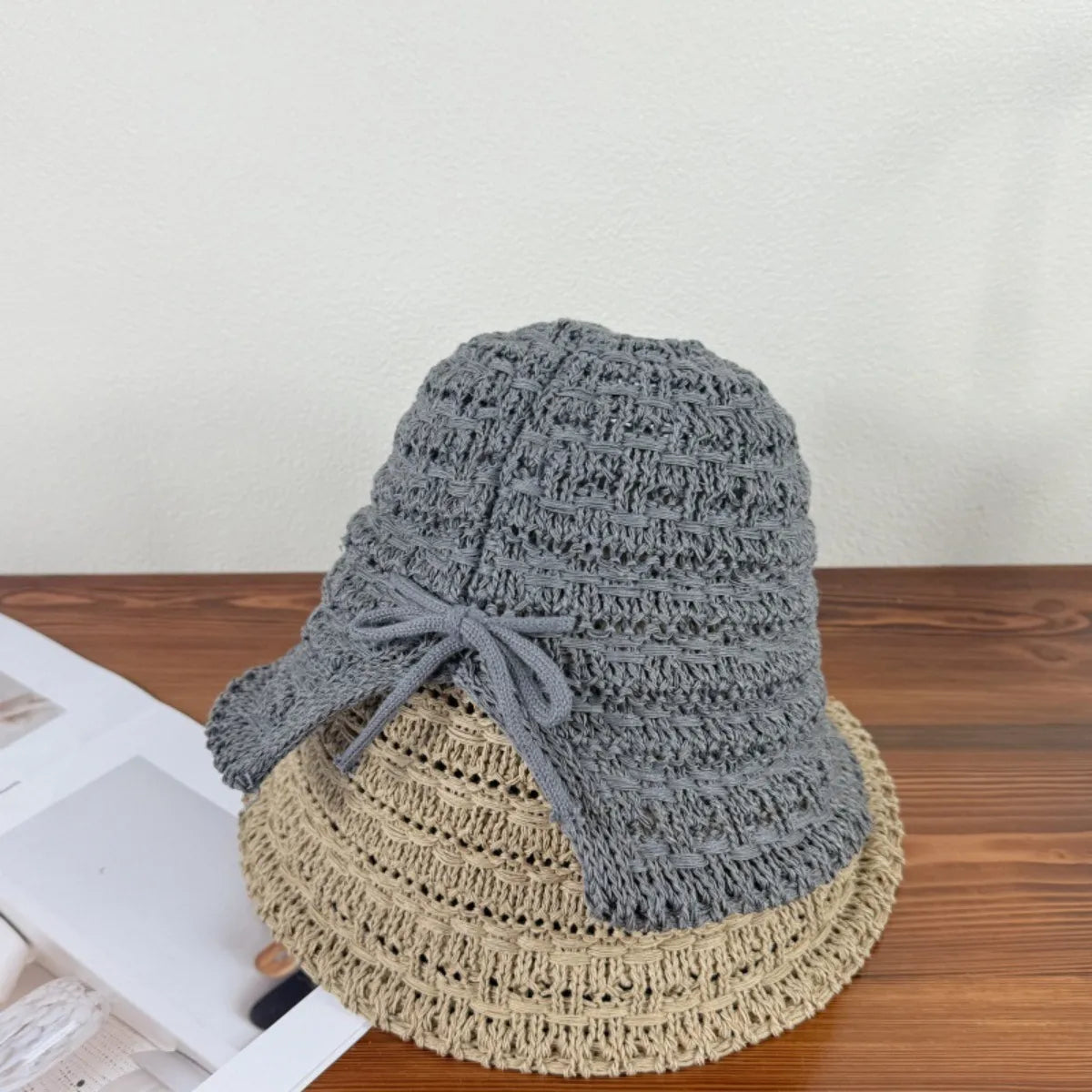 Crochet Bucket Hat with Drawstring Gray One Size - Fashorio