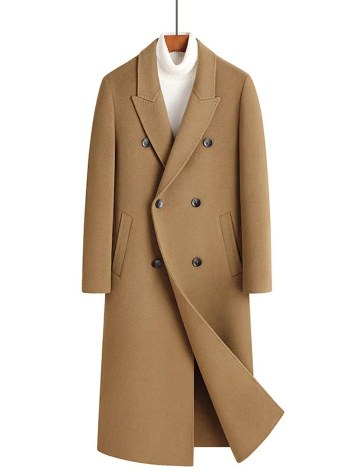 Men's Plus Size Double-Breasted Long Wool Coat Camel - Fashorio